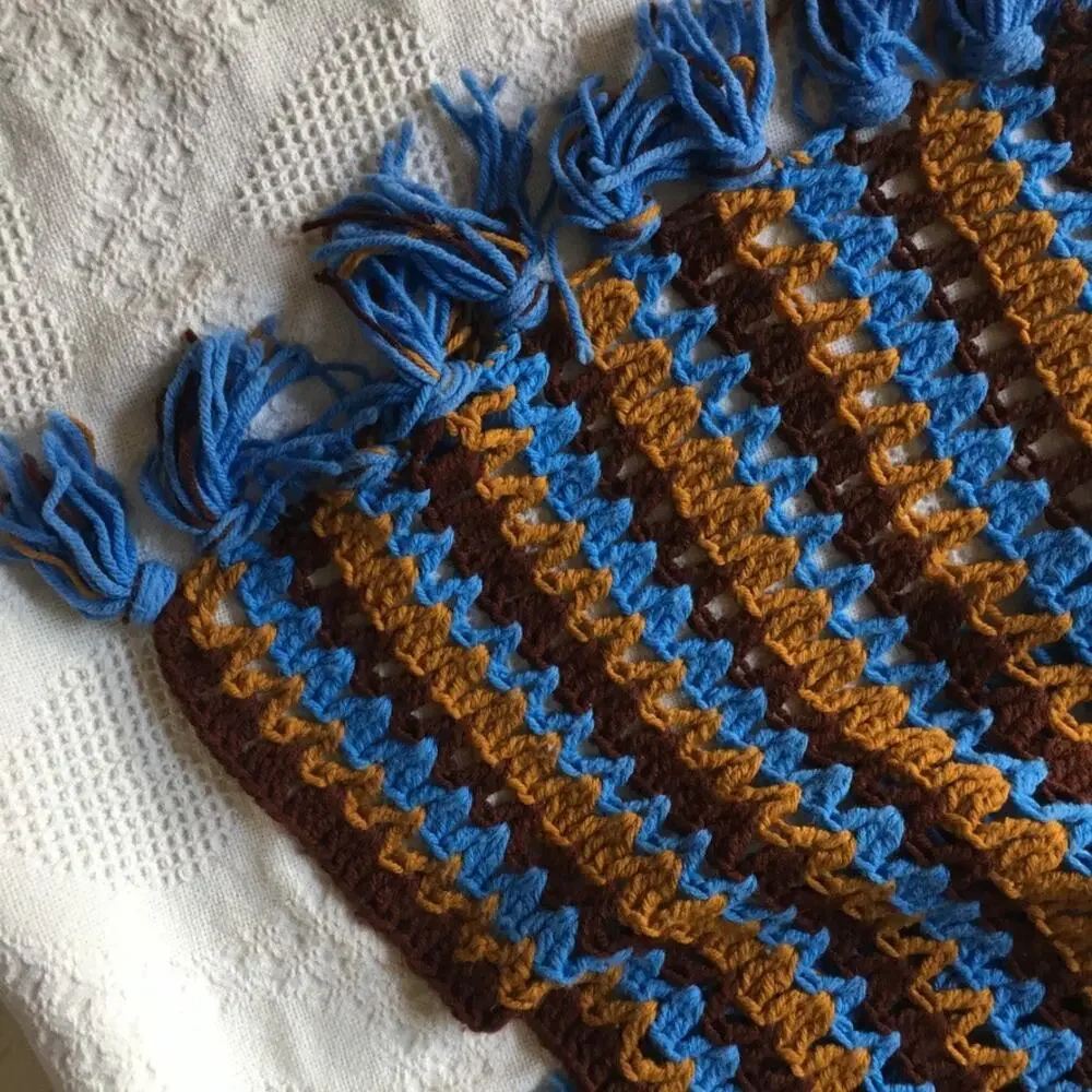 Vintage retro crocheted afghan, blanket - brown blue granny-core appr. 45